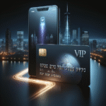 Elegant VIP-kredittkort design på et nattlig bymiljø, subtil luksus, kortet ligger ved siden av mobil med finansapp åpen, moderne og profesjonell stil