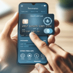 Nærbilde av en re:member-kredittkort i en moderne hånd, med mobilapp i bakgrunnen som viser transaksjonsoversikt, rentefrie dager og varsler, lys og profesjonell stil