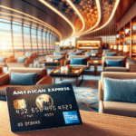 Profesjonelt foto av et American Express-kredittkort og boardingkort på et flyplassbord, med en luksuriøs lounge i bakgrunnen, varmt lys