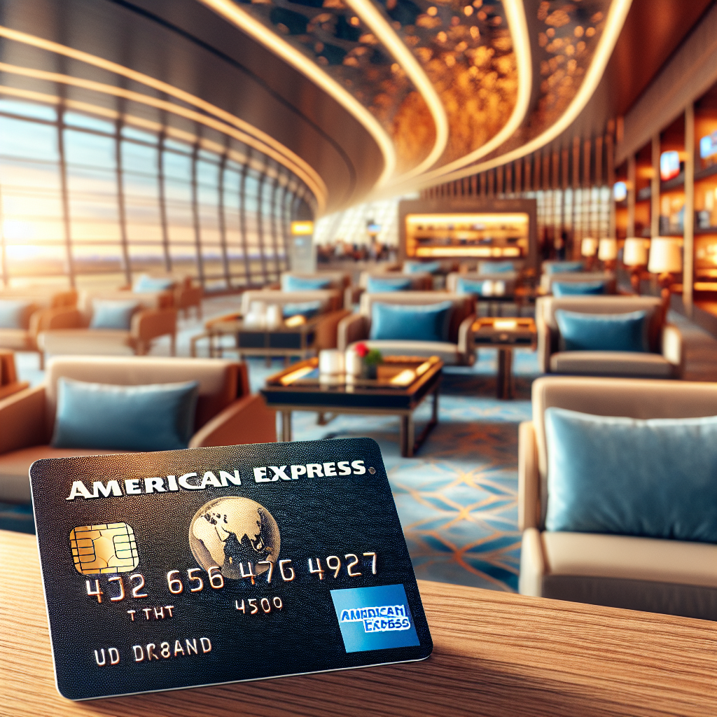 Profesjonelt foto av et American Express-kredittkort og boardingkort på et flyplassbord, med en luksuriøs lounge i bakgrunnen, varmt lys
