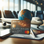 Nærbilde av et Gjensidige MasterCard-lignende kredittkort på et reisebord med boardingkort, mobiltelefon og pass, moderne lys og profesjonell stil
