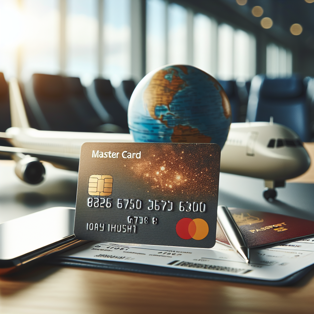 Nærbilde av et Gjensidige MasterCard-lignende kredittkort på et reisebord med boardingkort, mobiltelefon og pass, moderne lys og profesjonell stil