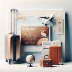 Et stilrent bilde av et Norwegian-kort liggende ved siden av en boardingpass, kart og koffert, lys bakgrunn, moderne reiseestetikk