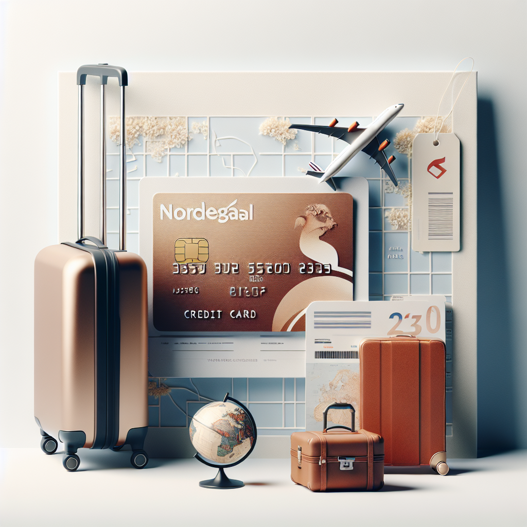 Et stilrent bilde av et Norwegian-kort liggende ved siden av en boardingpass, kart og koffert, lys bakgrunn, moderne reiseestetikk